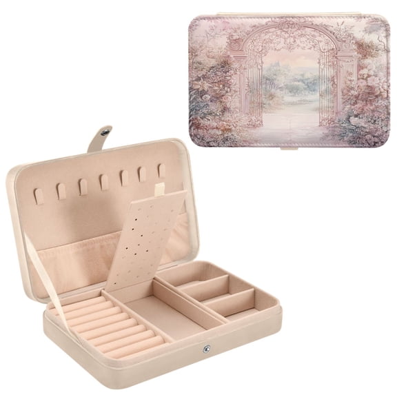 BZSMCE Leather Jewelry Box - Rectangular Ornate Gate with Floral Pattern 8.27x5.5x1.78in Beige