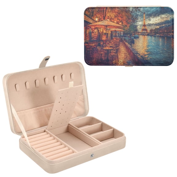 BZSMCE Leather Jewelry Box - Rectangular Parisian Cafes Along The Seine Pattern 8.27x5.5x1.78in Beige