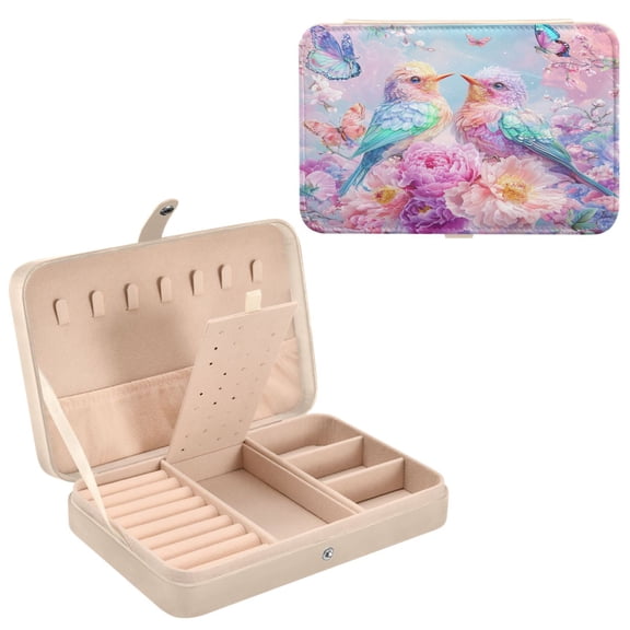 BZSMCE Leather Jewelry Box - Rectangular Pastel Birds and Butterflies Pattern 8.27x5.5x1.78in Beige