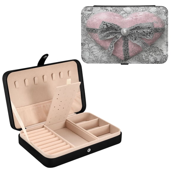 YAZAOO Leather Jewelry Box - Rectangular Pink Heart Lace Ribbon Pattern 8.27x5.5x1.78in Black