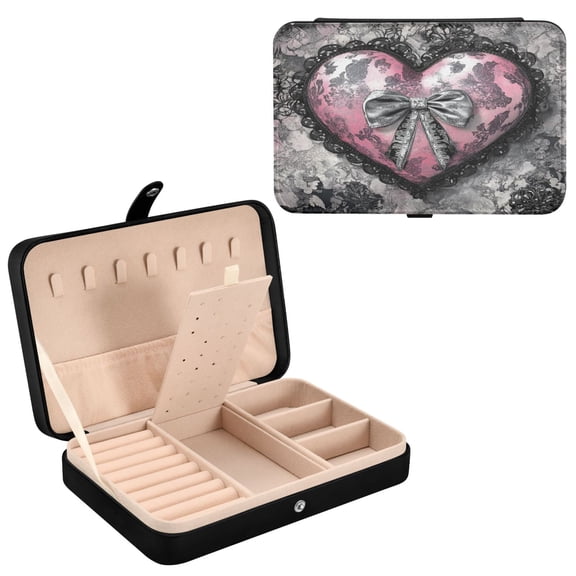 YAZAOO Leather Jewelry Box - Rectangular Pink Lace Heart Bow Pattern 8.27x5.5x1.78in Black