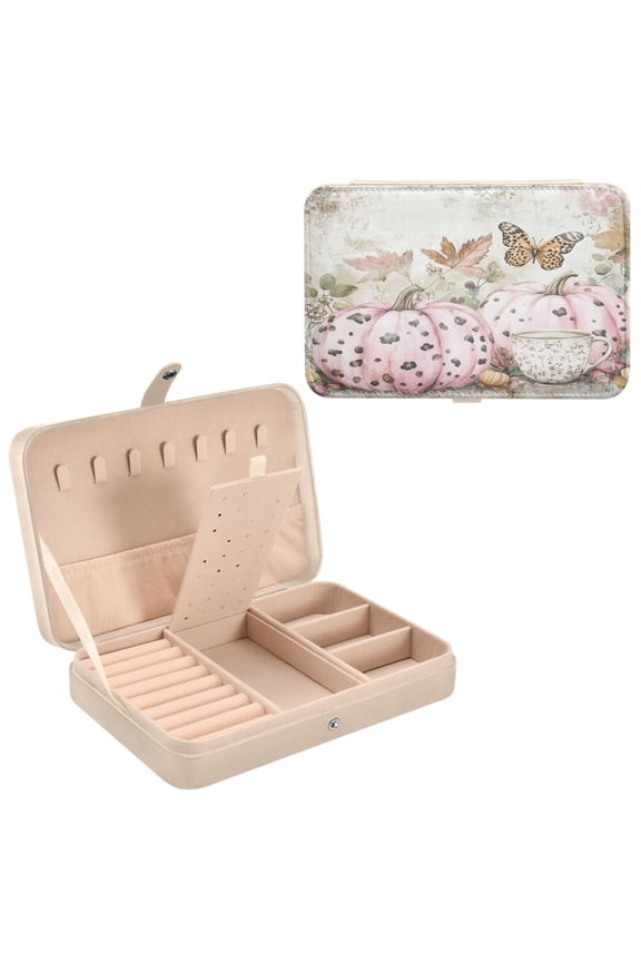 Leather Jewelry Box - Rectangular Pink Pumpkins and Butterfly Delight Pattern 8.27x5.5x1.78in Beige