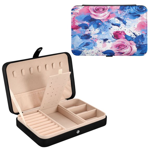 YAZAOO Leather Jewelry Box - Rectangular Pink and Blue Roses Rrt Pattern 8.27x5.5x1.78in Black
