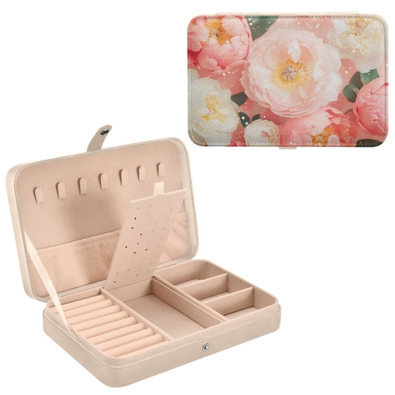 BZSMCE Leather Jewelry Box - Rectangular Pink and White Peonies Sparkles Pattern 8.27x5.5x1.78in Beige
