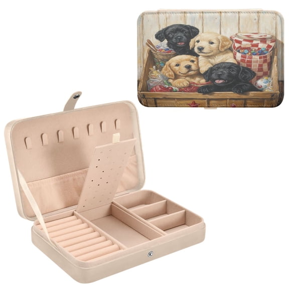 BZSMCE Leather Jewelry Box - Rectangular Puppies in Wooden Box Pattern 8.27x5.5x1.78in Beige