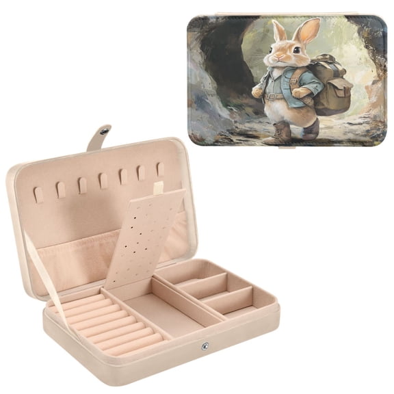 BZSMCE Leather Jewelry Box - Rectangular Rabbit Exploring Cave Pattern 8.27x5.5x1.78in Beige