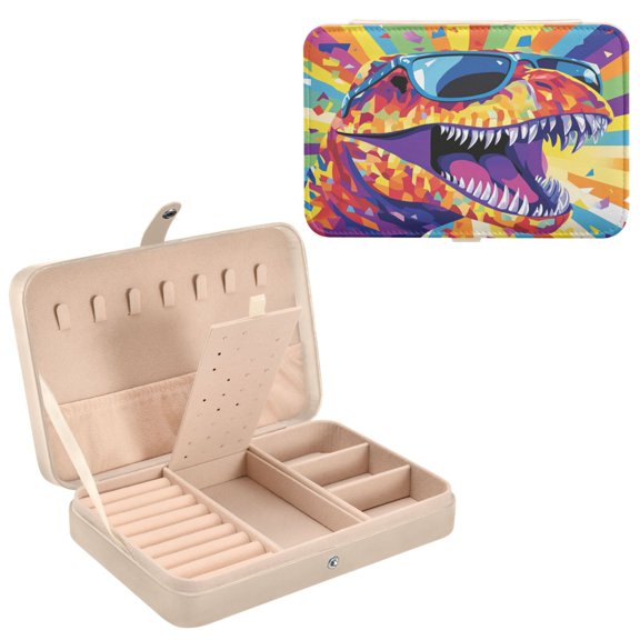 BZSMCE Leather Jewelry Box - Rectangular Rad Rex Pattern 8.27x5.5x1.78in Beige