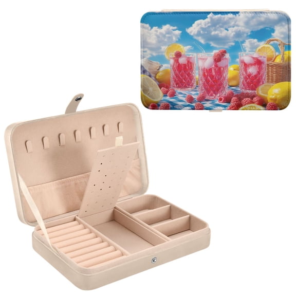 BZSMCE Leather Jewelry Box - Rectangular Raspberry Lemonade Picnic Pattern 8.27x5.5x1.78in Beige