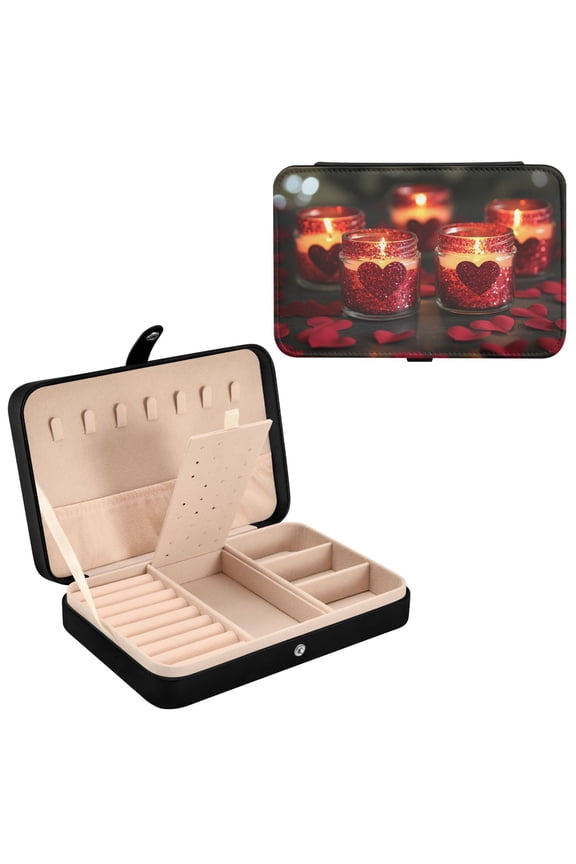 Leather Jewelry Box - Rectangular Red Candles with Roses Hearts Pattern 8.27x5.5x1.78in Black