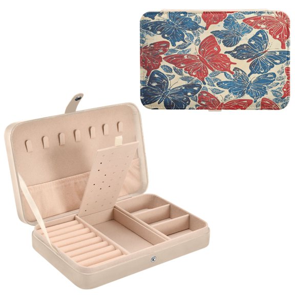 BZSMCE Leather Jewelry Box - Rectangular Red and Blue Butterflies Pattern 8.27x5.5x1.78in Beige