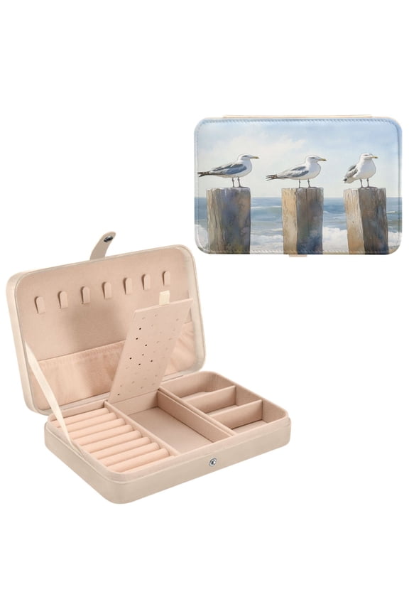 Leather Jewelry Box - Rectangular Seagull Sentinels Pattern 8.27x5.5x1.78in Beige