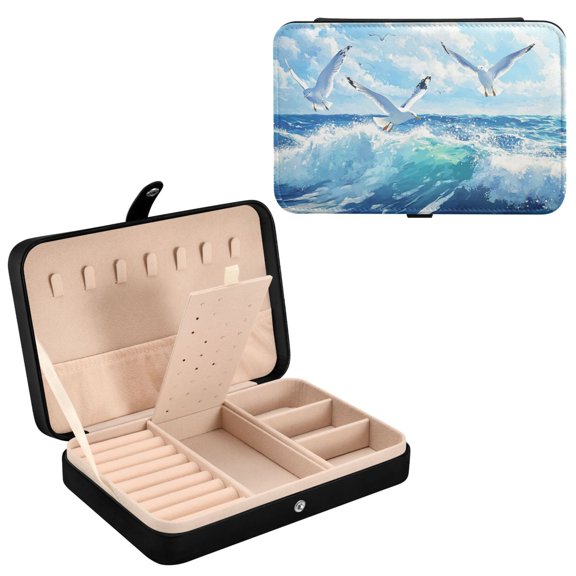 YAZAOO Leather Jewelry Box - Rectangular Seagull over Ocean Pattern 8.27x5.5x1.78in Black