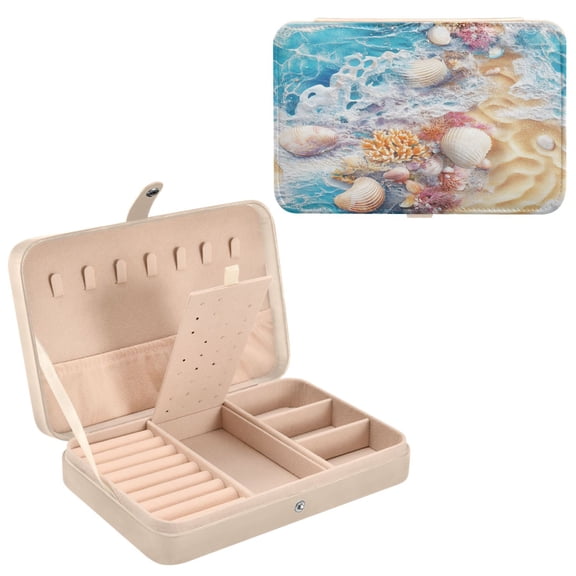 BZSMCE Leather Jewelry Box - Rectangular Seashells Beach Art Pattern 8.27x5.5x1.78in Beige