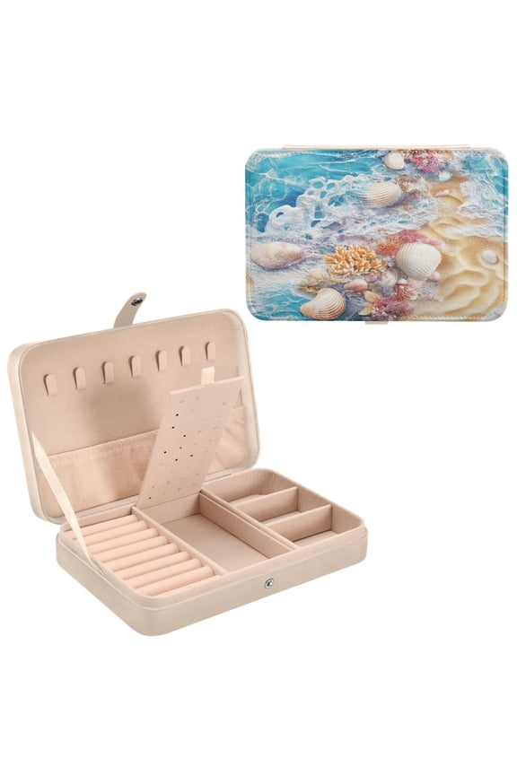 Leather Jewelry Box - Rectangular Seashells Beach Art Pattern 8.27x5.5x1.78in Beige