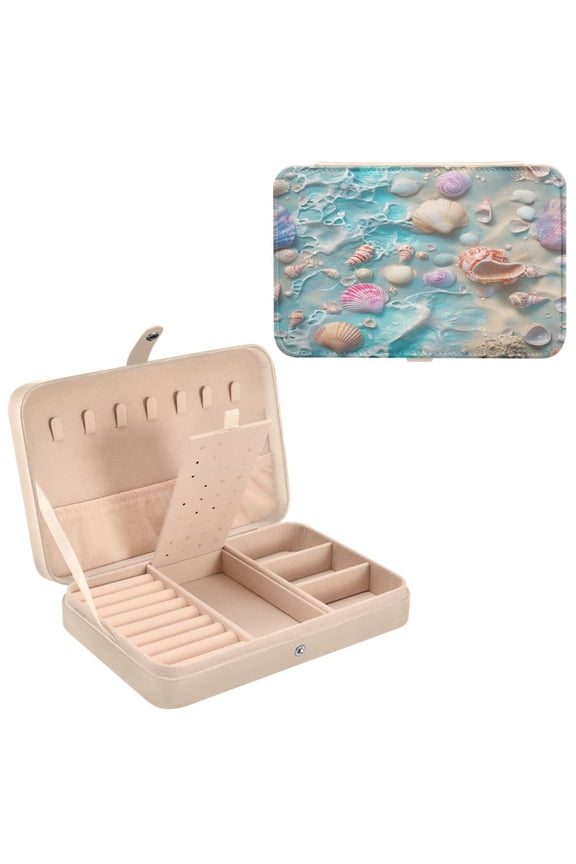 Leather Jewelry Box - Rectangular Seashells Beach Pattern 8.27x5.5x1.78in Beige