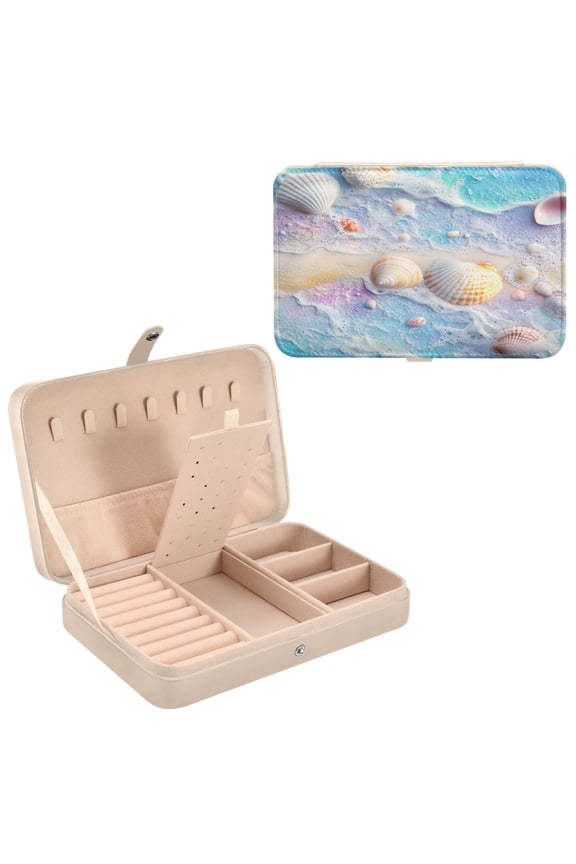 Leather Jewelry Box - Rectangular Seashells on Sandy Beach Pattern 8.27x5.5x1.78in Beige