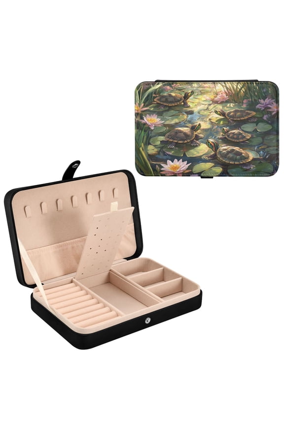 BZSMCE Leather Jewelry Box - Rectangular Serene Turtle Oasis Pattern 8.27x5.5x1.78in Black