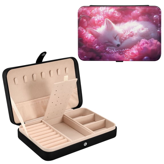 BZSMCE Leather Jewelry Box - Rectangular Sleeping Fox Pink Flowers Pearls Pattern 8.27x5.5x1.78in Black