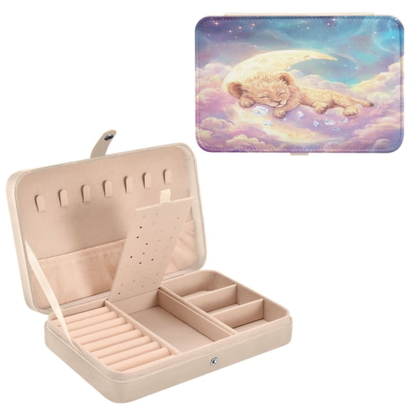 BZSMCE Leather Jewelry Box - Rectangular Sleeping Lion Cub on Moon Pattern 8.27x5.5x1.78in Beige