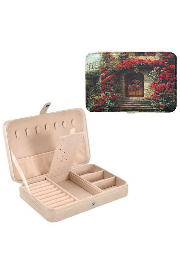 Leather Jewelry Box - Rectangular Stone House with Roses Pattern 8.27x5.5x1.78in Beige