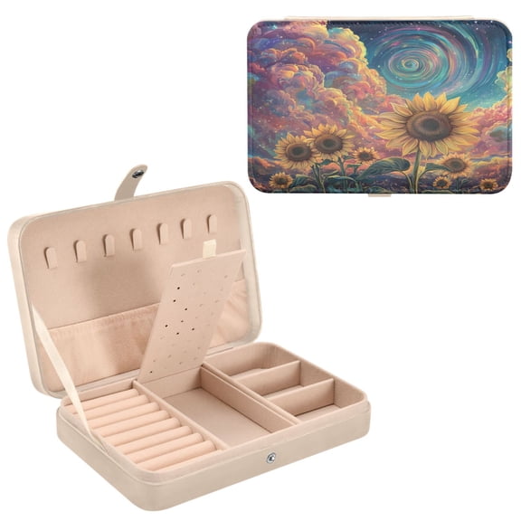 BZSMCE Leather Jewelry Box - Rectangular Sunflowers under A Cosmic Sky Pattern 8.27x5.5x1.78in Beige