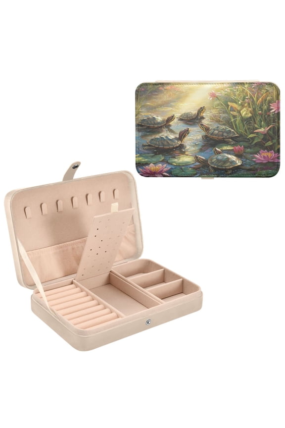 Leather Jewelry Box - Rectangular Sunlit Turtle Gathering Pattern 8.27x5.5x1.78in Beige