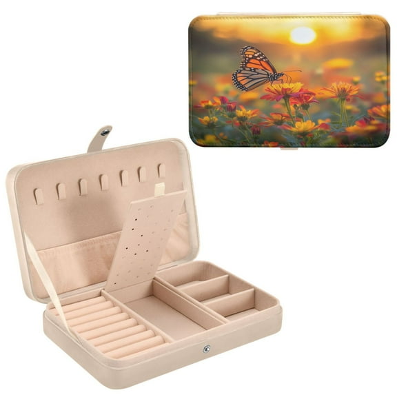 BZSMCE Leather Jewelry Box - Rectangular Sunset Butterfly Bliss Pattern 8.27x5.5x1.78in Beige