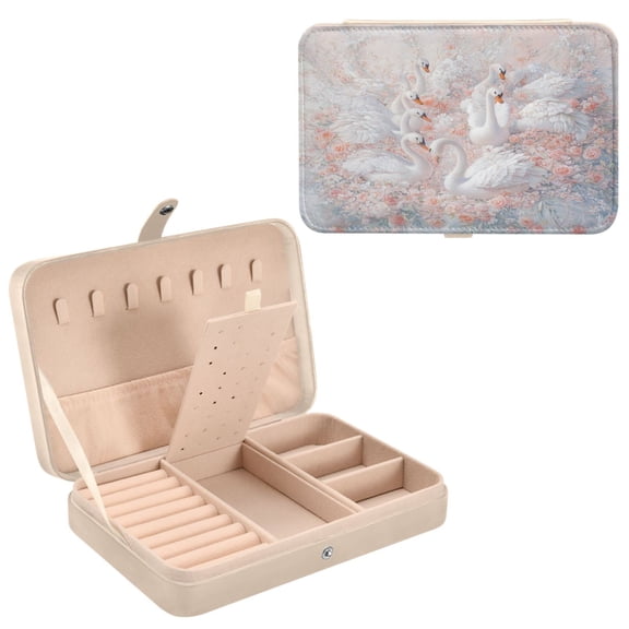 BZSMCE Leather Jewelry Box - Rectangular Swans in A Floral Serenade Pattern 8.27x5.5x1.78in Beige