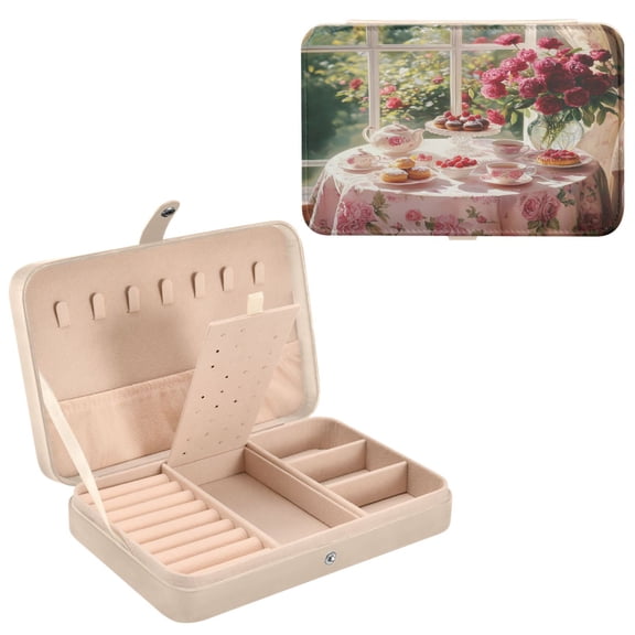 BZSMCE Leather Jewelry Box - Rectangular Tea Set with Cakes Roses Pattern 8.27x5.5x1.78in Beige