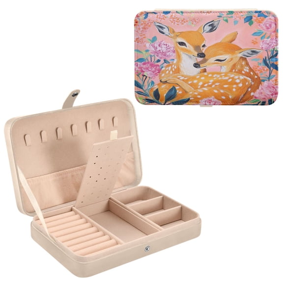 BZSMCE Leather Jewelry Box - Rectangular Tender Fawn Embrace Pattern 8.27x5.5x1.78in Beige