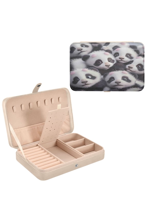Leather Jewelry Box - Rectangular The Panda Gathering Pattern 8.27x5.5x1.78in Beige