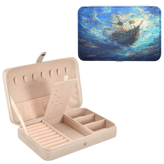 BZSMCE Leather Jewelry Box - Rectangular The Sunken Treasure Pattern 8.27x5.5x1.78in Beige