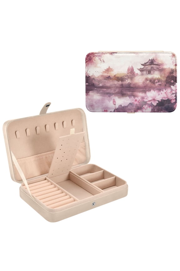 Leather Jewelry Box - Rectangular Traditional Pavilion by Serene Lake Pattern 8.27x5.5x1.78in Beige