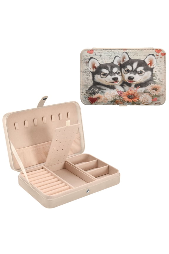 Leather Jewelry Box - Rectangular Two Puppies with Flowers Pattern 8.27x5.5x1.78in Beige