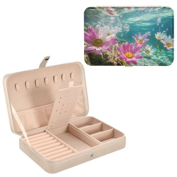 BZSMCE Leather Jewelry Box - Rectangular Underwater Flowers with Bubbles Pattern 8.27x5.5x1.78in Beige