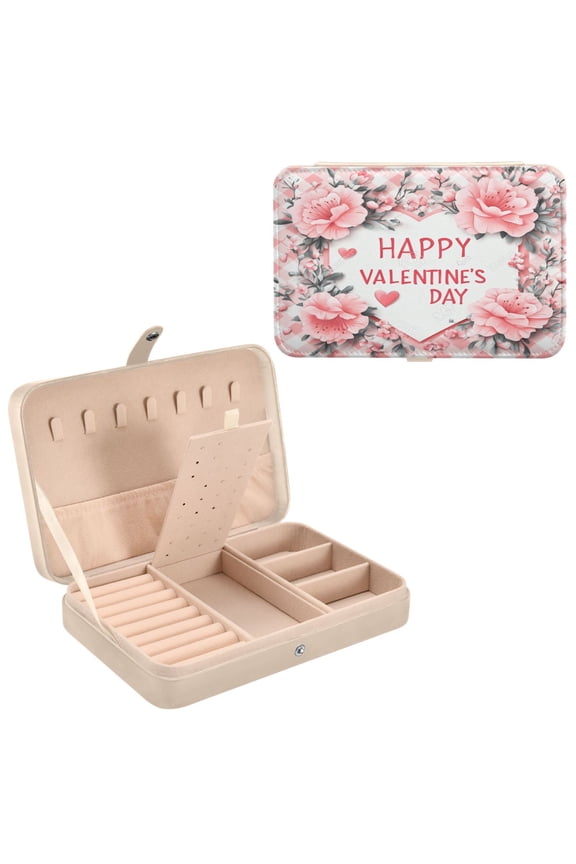 Leather Jewelry Box - Rectangular Valentine's Day Floral Card Pattern 8.27x5.5x1.78in Beige