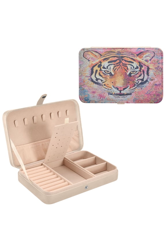 Leather Jewelry Box - Rectangular Vibrant Tiger Majesty Pattern 8.27x5.5x1.78in Beige
