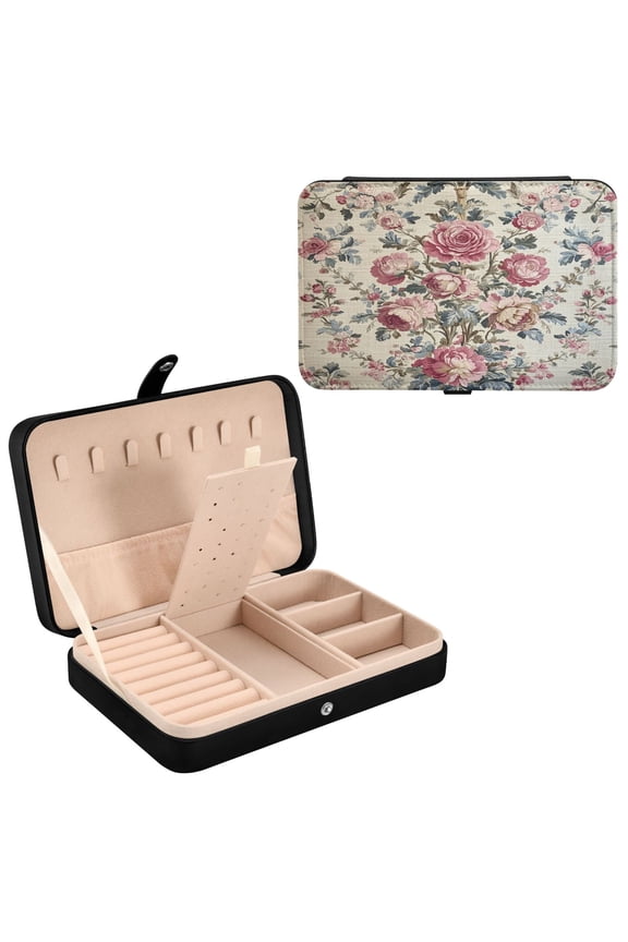Leather Jewelry Box - Rectangular Vintage Floral Textile in Pastels Pattern 8.27x5.5x1.78in Black
