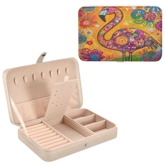 BZSMCE Leather Jewelry Box - Rectangular Whimsical Flamingo Delight Pattern 8.27x5.5x1.78in Beige