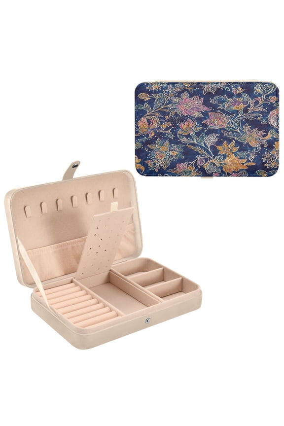Leather Jewelry Box - Rectangular Whimsical Floral Dance Pattern 8.27x5.5x1.78in Beige