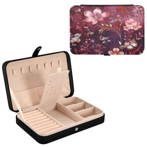 YAZAOO Leather Jewelry Box - Rectangular Whimsical Floral Nightscape Pattern 8.27x5.5x1.78in Black