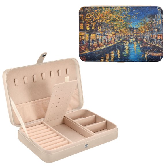 BZSMCE Leather Jewelry Box - Rectangular Whimsical Lion Garden Pattern 8.27x5.5x1.78in Beige