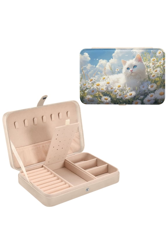 Leather Jewelry Box - Rectangular White Cat Among Daisies Pattern 8.27x5.5x1.78in Beige