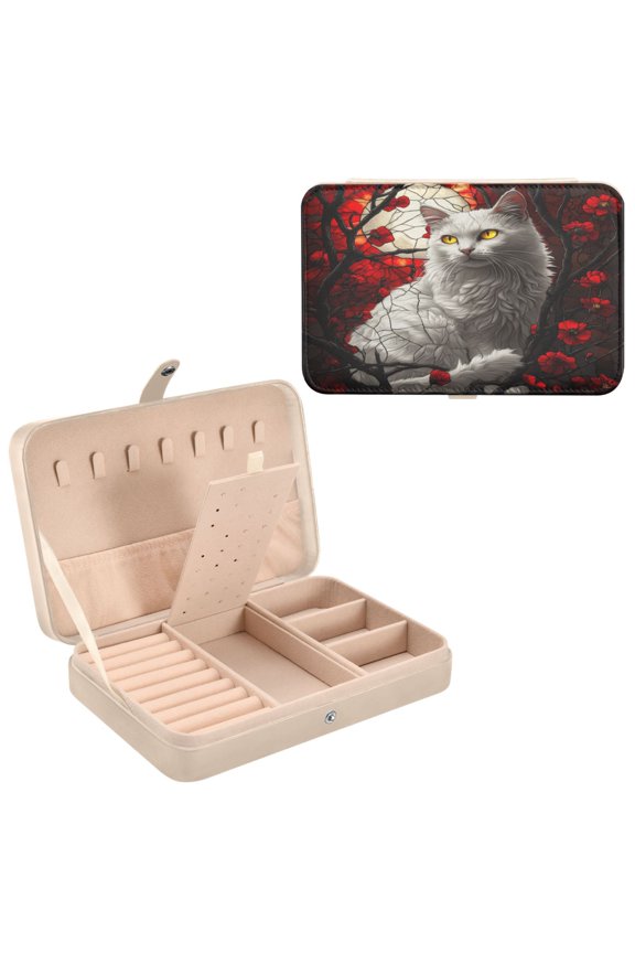 Leather Jewelry Box - Rectangular White Cat Red Flowers Moon Pattern 8.27x5.5x1.78in Beige