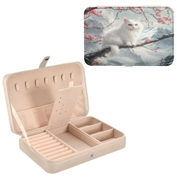 BZSMCE Leather Jewelry Box - Rectangular White Cat on Cherry Blossom Pattern 8.27x5.5x1.78in Beige