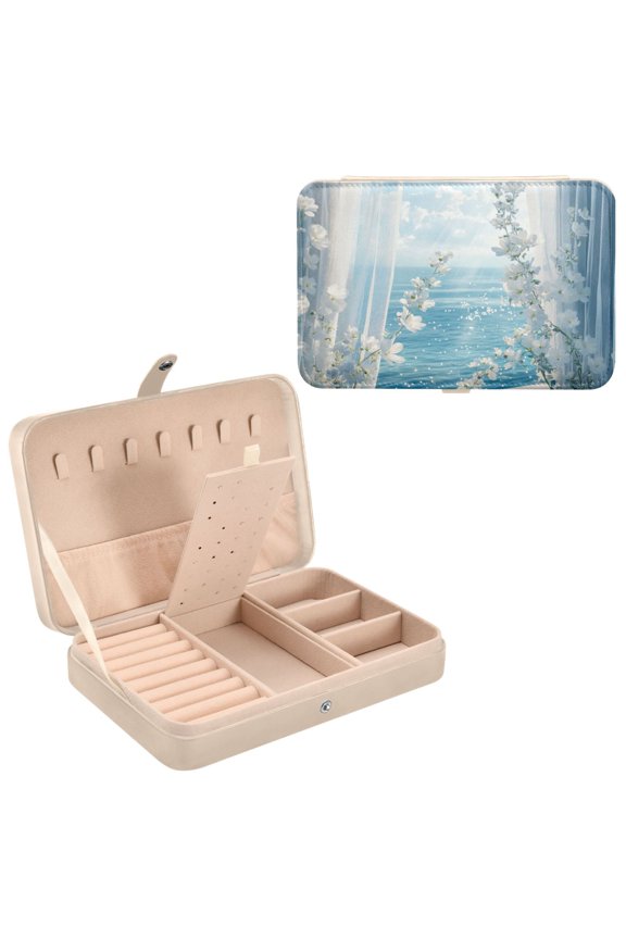 Leather Jewelry Box - Rectangular White Flowers by The Sea Pattern 8.27x5.5x1.78in Beige