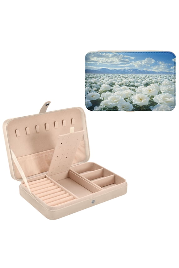 Leather Jewelry Box - Rectangular White Roses with Mountain Backdrop Pattern 8.27x5.5x1.78in Beige