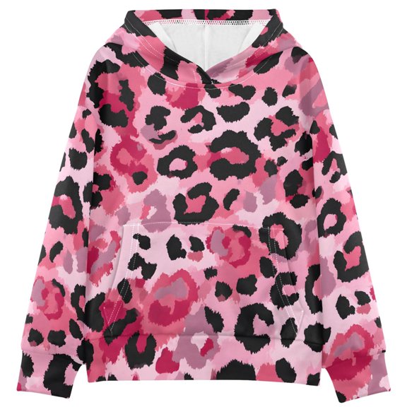BZSMCE Leopard Black Pink Print Hoodie Casual Pullover Sweatshirt With Kangaroo Pocket