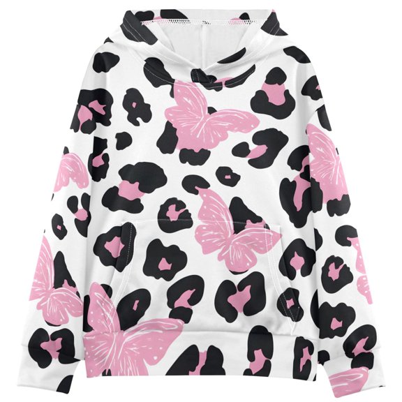 BZSMCE Leopard Butterfly Print Hoodie Casual Pullover Sweatshirt With Kangaroo Pocket