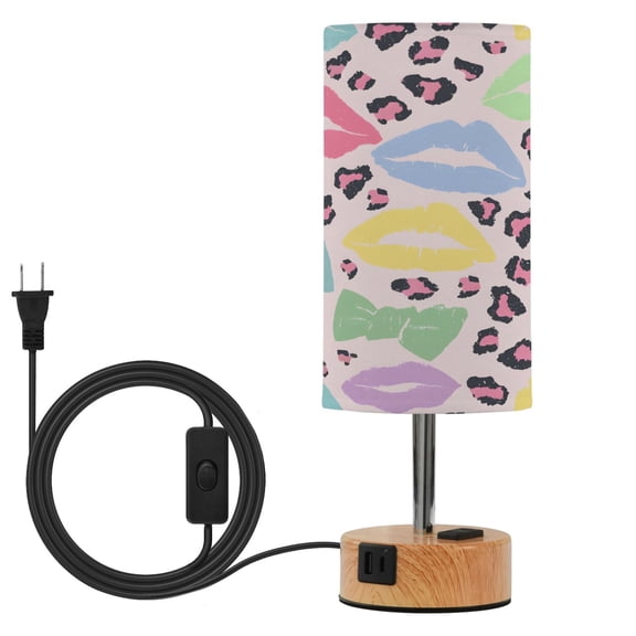 BZSMCE Leopard Lip Bow Printed 3 Color Touch Control Table Lamp Linen Shade LED Nightstand Lamp with Wood Grain BaseUS Standard Power Cord
